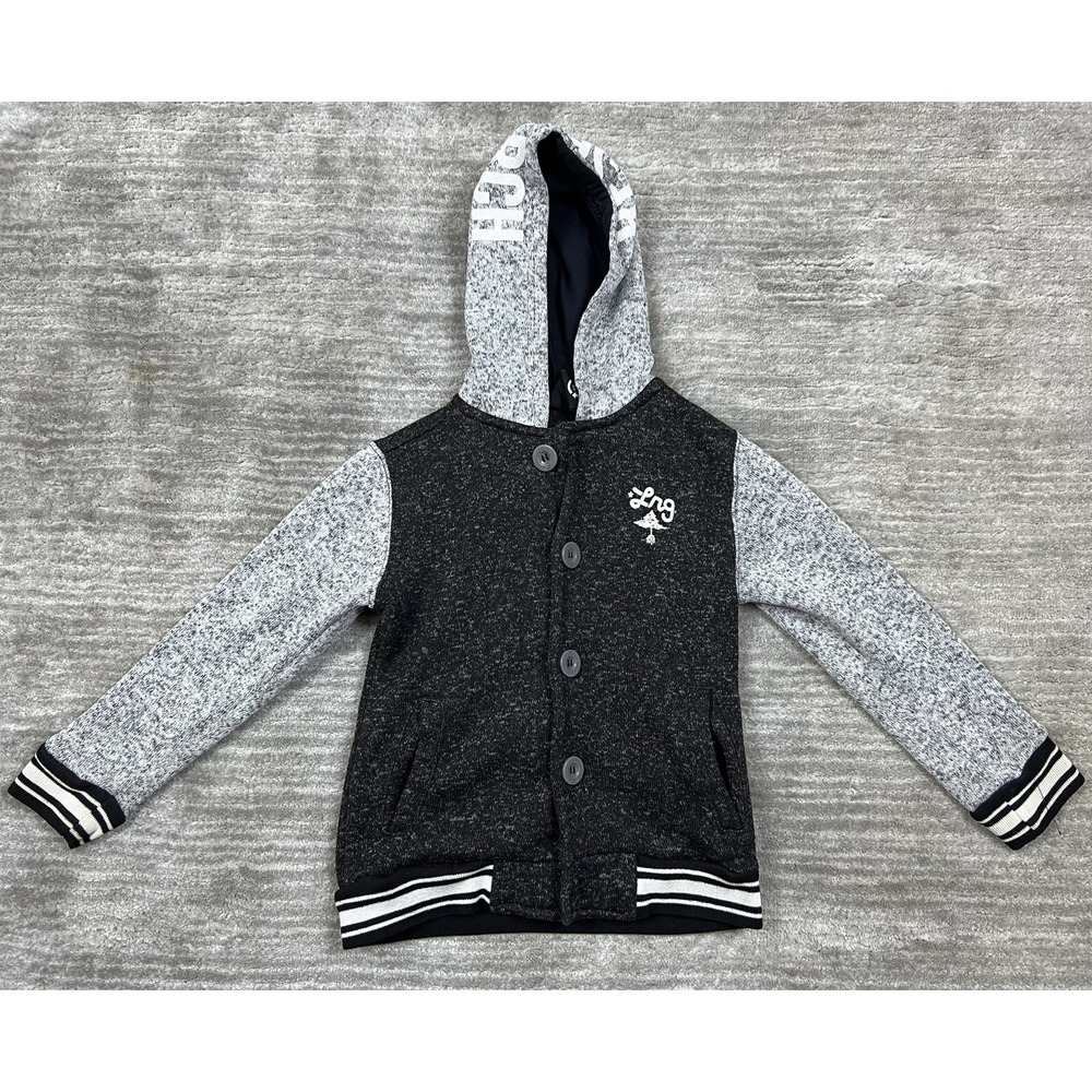 LRG Hoodie Boys Size 5/6 Charcoal Grey Varsity Button Front Marl Knit Jacket